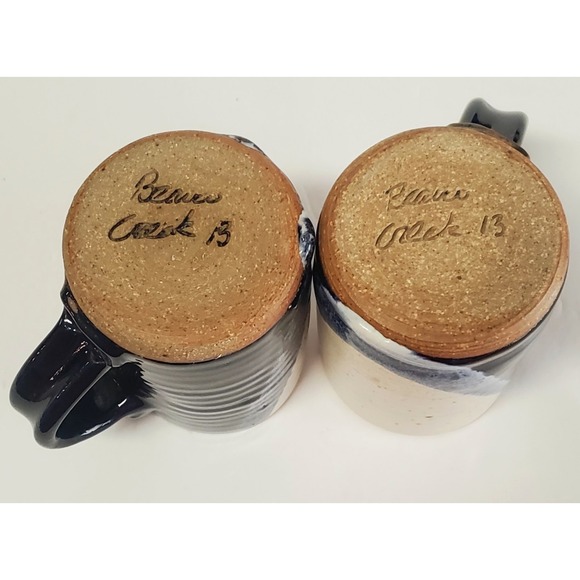 Beaver Creek Pottery Mug Set (2) Glazed Grey/Tan/Navy Drip Textured 4.625" Tall - Picture 8 of 9